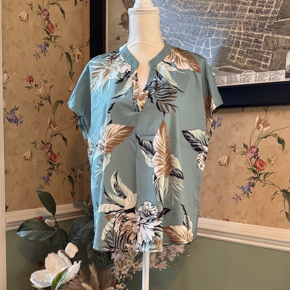 SHEIN Tropical Leaf Blouse - Green and Brown
